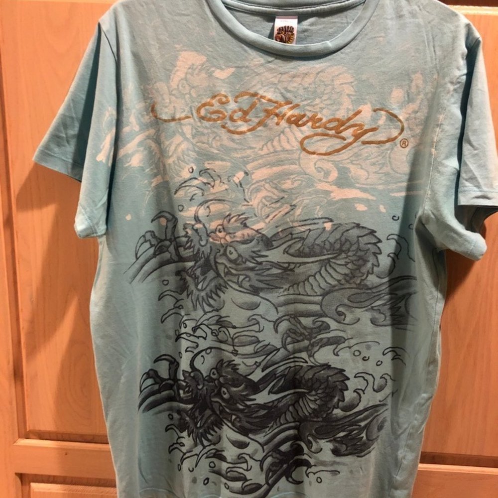 ED HARDY DRAGONS TaATTOO BLUE T-SHIRT DOUBLE SIDED